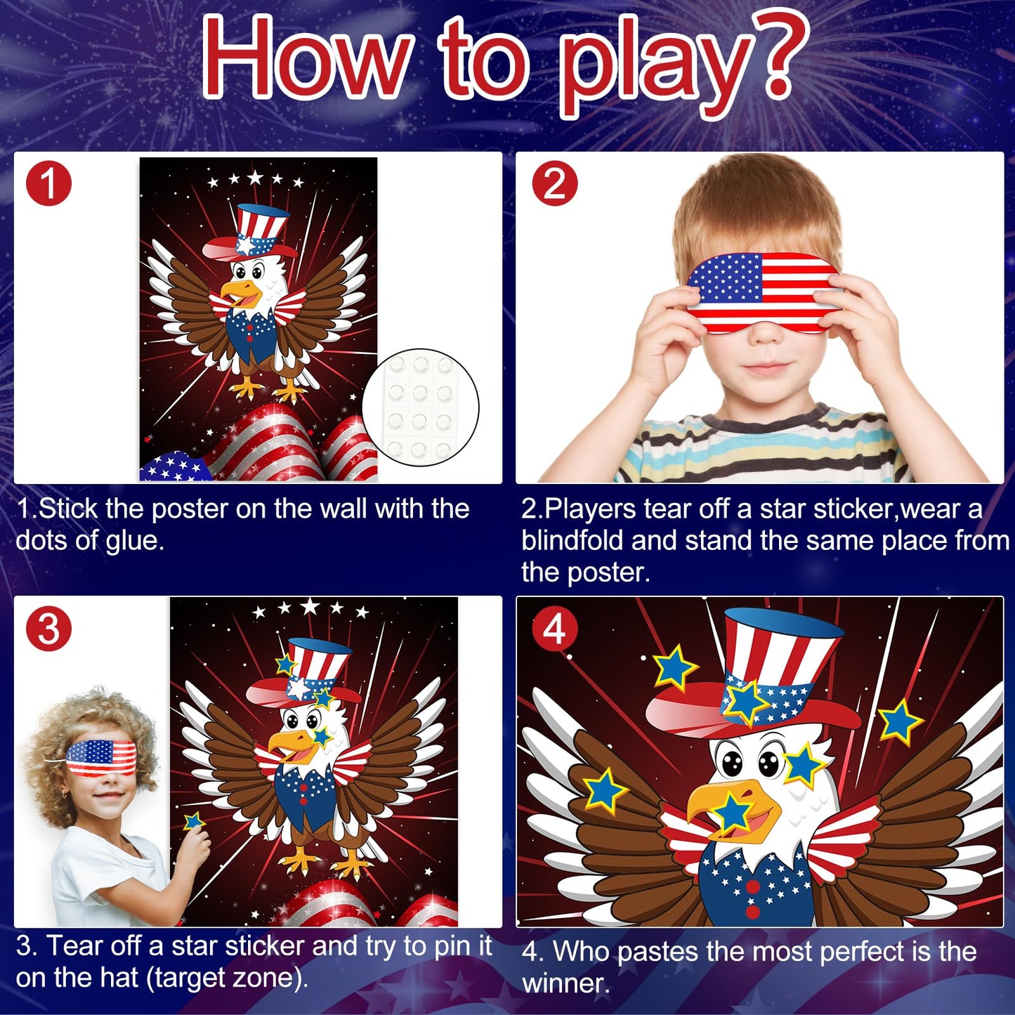 Astaron Pin The Star On The Eagle Patriotic Party Game 4Th Of July Independence Day Party Activities Game, Poster With 36 Stickers & 3 Blindfolds Independence Day Decor