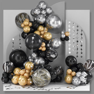 Partywoo 140 Pcs Black And Gold Balloon Arch Kit, Black And Gold Balloons Garland With 4D Marble Balloons, Chrome Metallic Silver Balloons, Star Garland For Birthday Decorations, Retirement Party