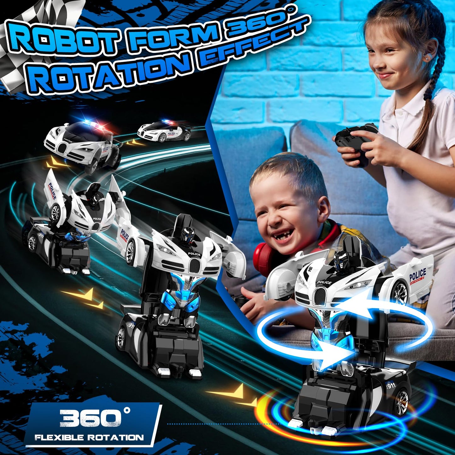 SnowRap Remote Control Transforming Car, One-Click Becoming Robot Remote Control Car for Boys, Demo Mode, 360 Rotation, Easy to