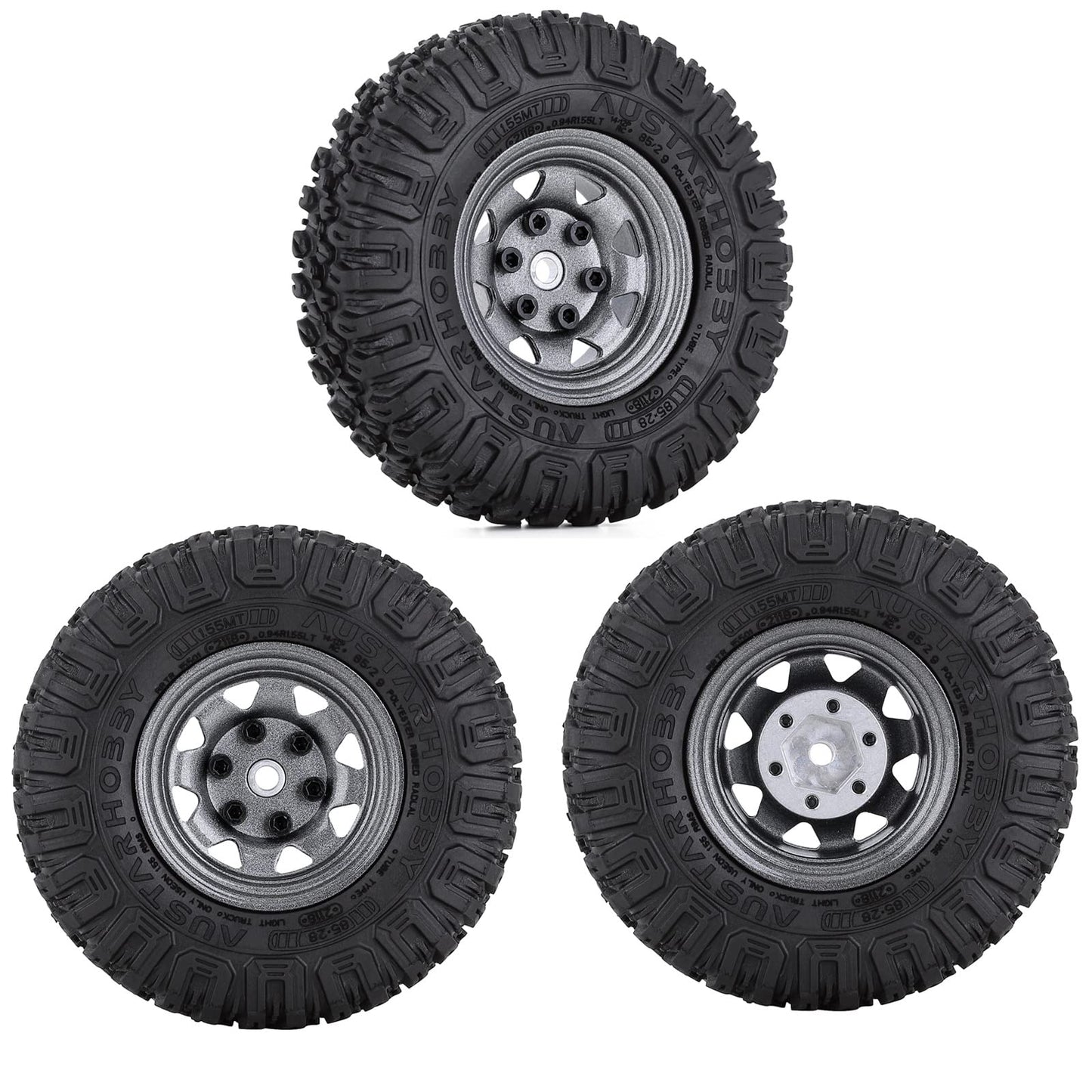 WONFAST 4PCS 1.55 inch 85mm Rubber Terrain Crawler Tires Metal Beadlock Wheel Rims Tires Set Compatible with 1/10 RC Crawler Car