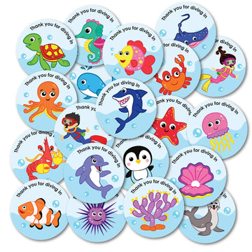 weRevel Paper Underwater Aqua Theme Thank You Party Stickers, 40 Count, 2 Inches, Round, 20 Unique DesignsSelfAdhesive