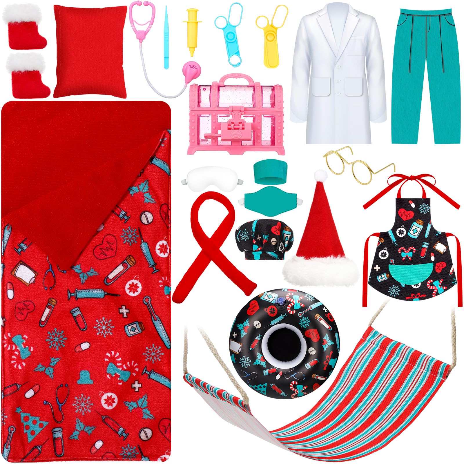 Suhine 21 Pcs Christmas Elf Doll Accessories Set Include Elf Hammock Pillow Eye Patch Glasses Chef Hat Apron Scarf Shoes Swim Ri