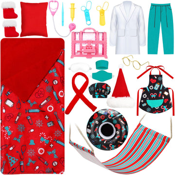 Suhine 21 Pcs Christmas Elf Doll Accessories Set Include Elf Hammock Pillow Eye Patch Glasses Chef Hat Apron Scarf Shoes Swim Ri