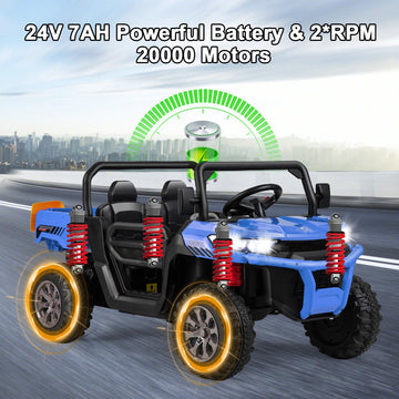 Costzon 24V Ride On Car, 2-Seater Electric Dump Truck W/Remote Control, Dump Bed & Shovel, 4 Spring Suspensions, Kids Utv W/Dual Rpm20000 Motors, Music, Wireless Design, Electric Car For Kids (Blue)
