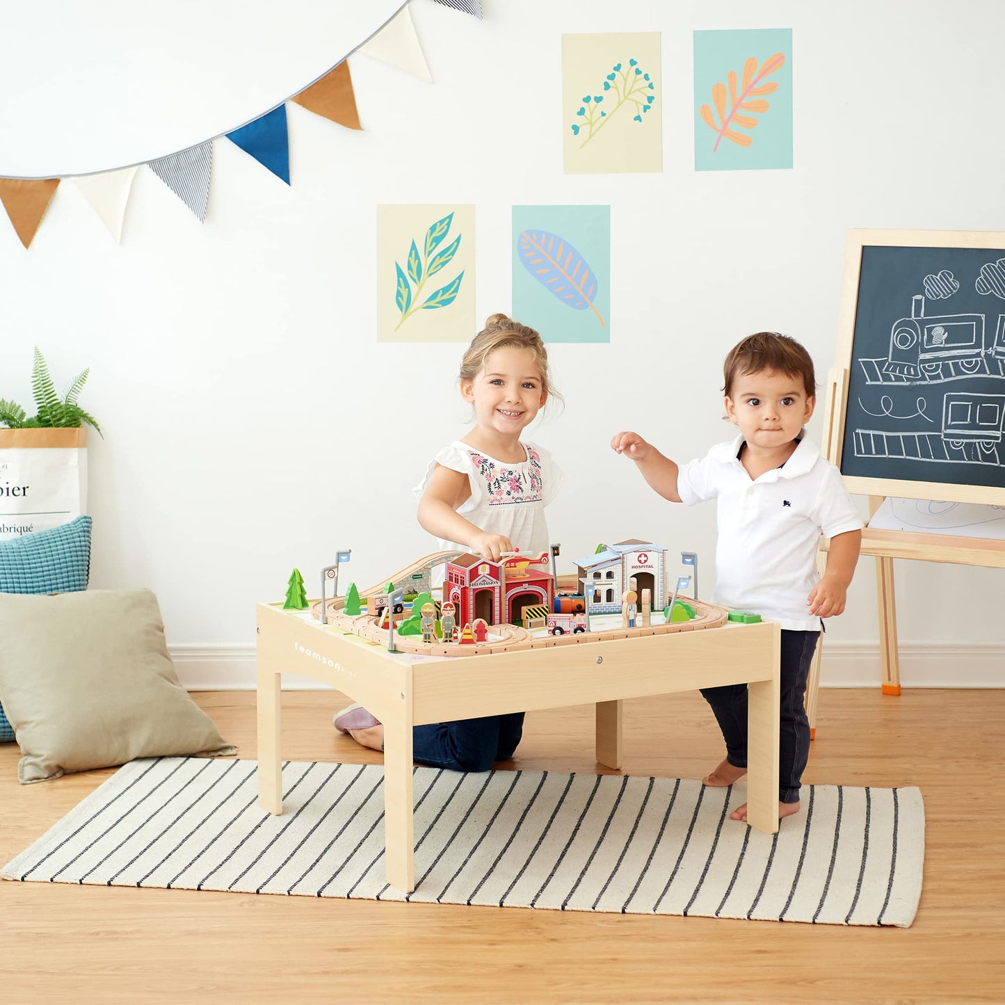 Teamson Kids Train Table Set With 85 Pieces, Preschool Play Lab Activity Table With Wooden Trains, Cars, Railroad, Town Scenery, & More For Kids & Toddlers, Wood Color