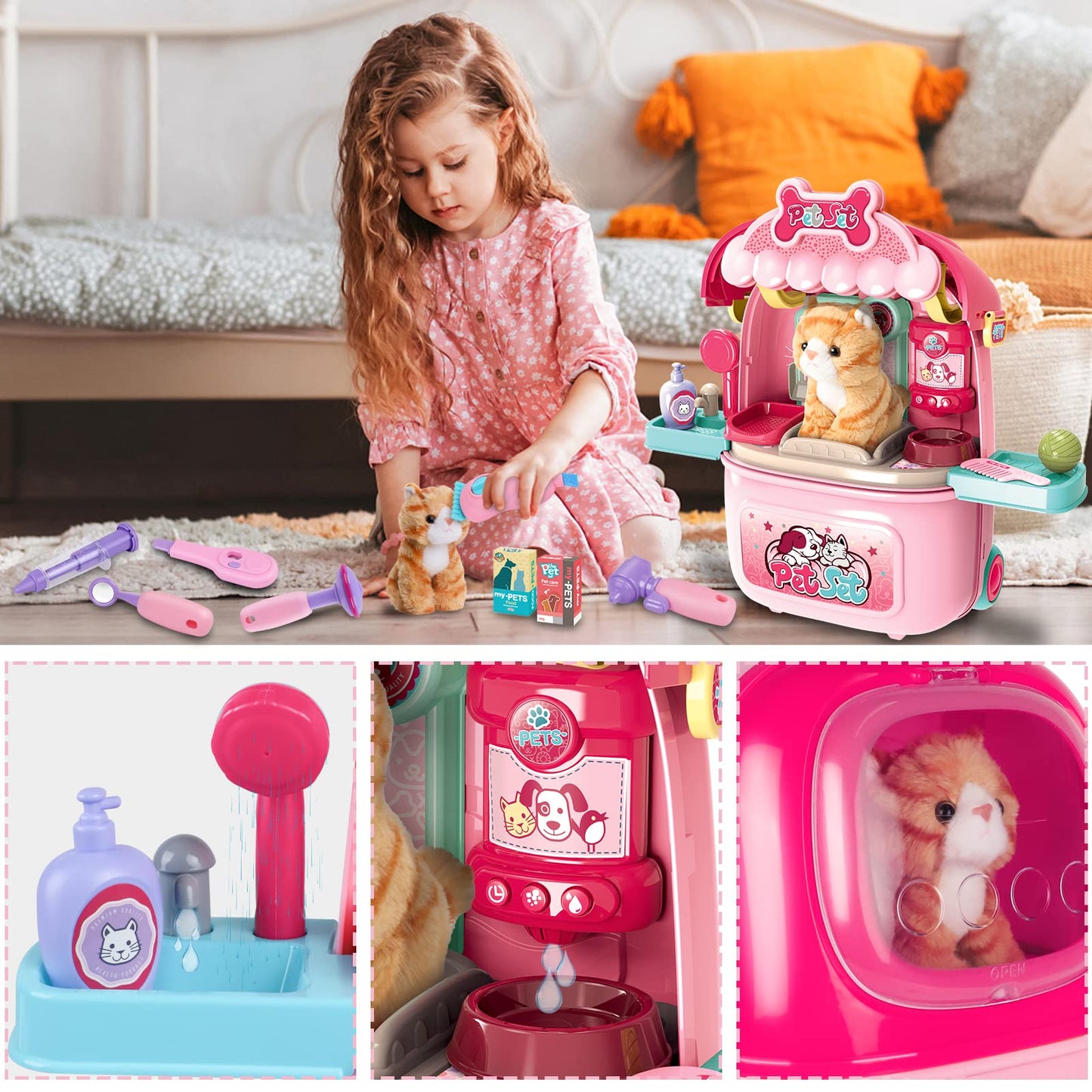 Magic4U Pet Cat Care Carrier Suitcase Toy, 29Pcs Vet Clinic And Doctor Kit For Kids, Pet Kitty Grooming Feeding Toys, Veterinari