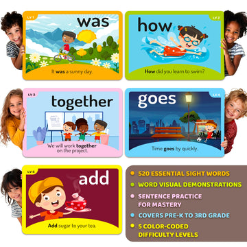 Quokka 520 Sight Words Flash Cards With Images & Sentences – Based On Dolch Sight Words Lists For Reading Fluency – Kindergarten Flash Cards For Pre-K To 3Rd Grade - Color-Coded Vocabulary Set