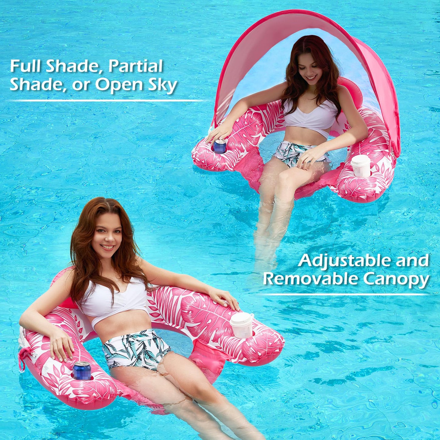 Jasonwell Pool Float with Canopy - Inflatable Pool Floaties mature-themed Floating Pool Chair Lounge Floats for Swimming Pool Water Chair Pool Lounger with Cup Holders Pool Toy Party Floaty for mature-themeds (R-XL)