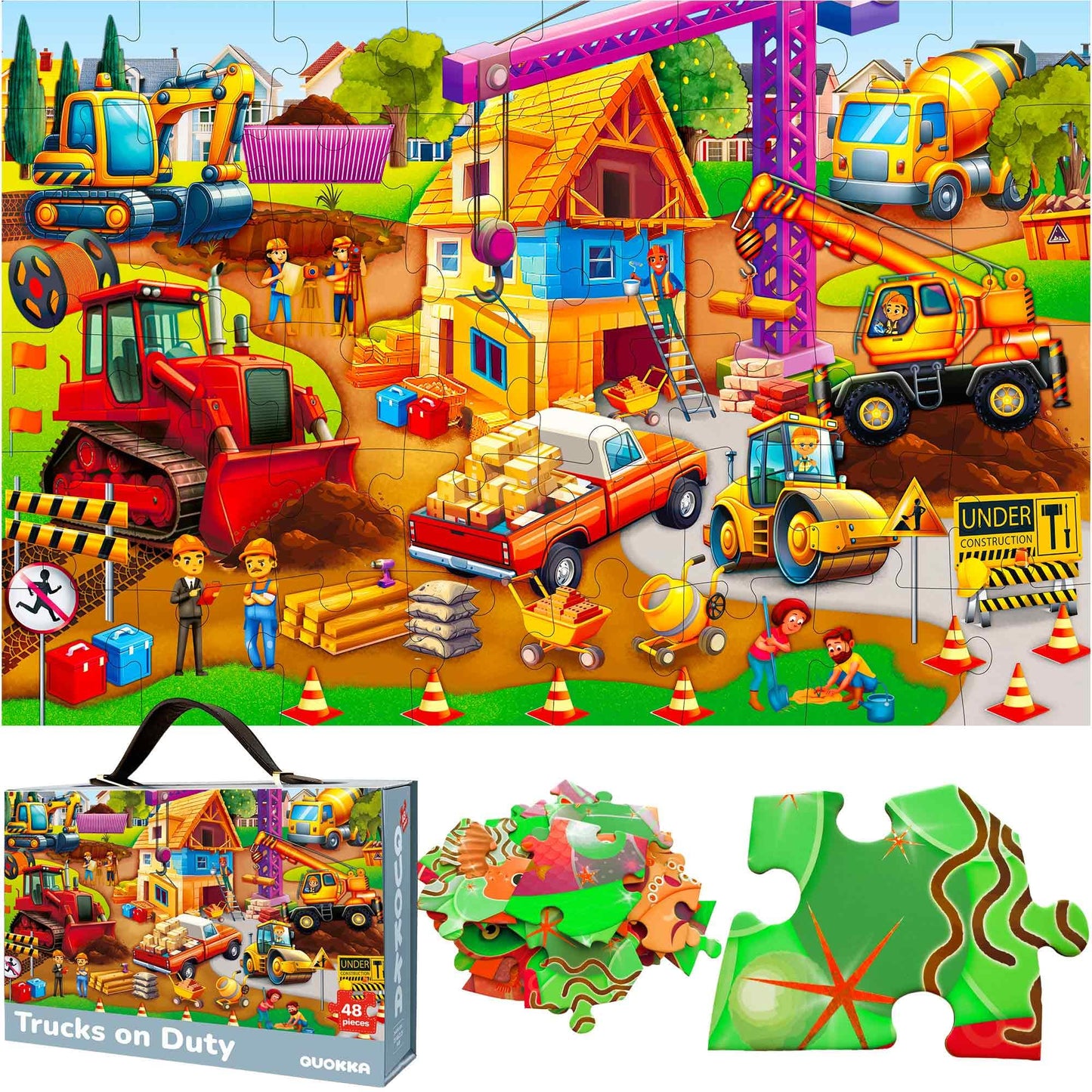 QUOKKA Giant Floor Puzzle for Kids Ages 4-6 - 2x3 Feet Extra-Thick 48 Pieces Toddler Puzzle Ages 3-5 - Construction Educational Activity for Boys Girls - enhanced Box with Sturdy Handle & Magnetic