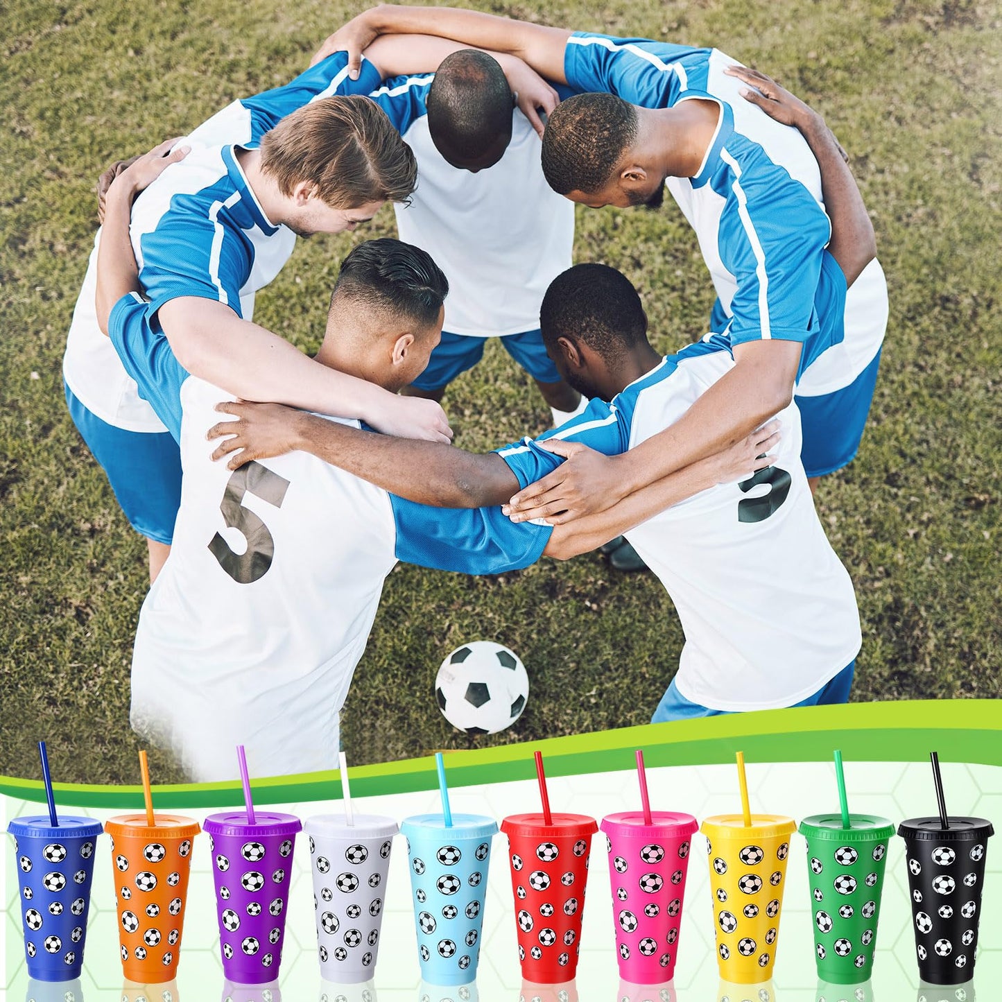 Potchen 20 Pcs Soccer Plastic Tumbler with Lid and Straw Christmas Cup Gift 24 oz Cups Reusable Sports Ball Plastic Cups for Soc