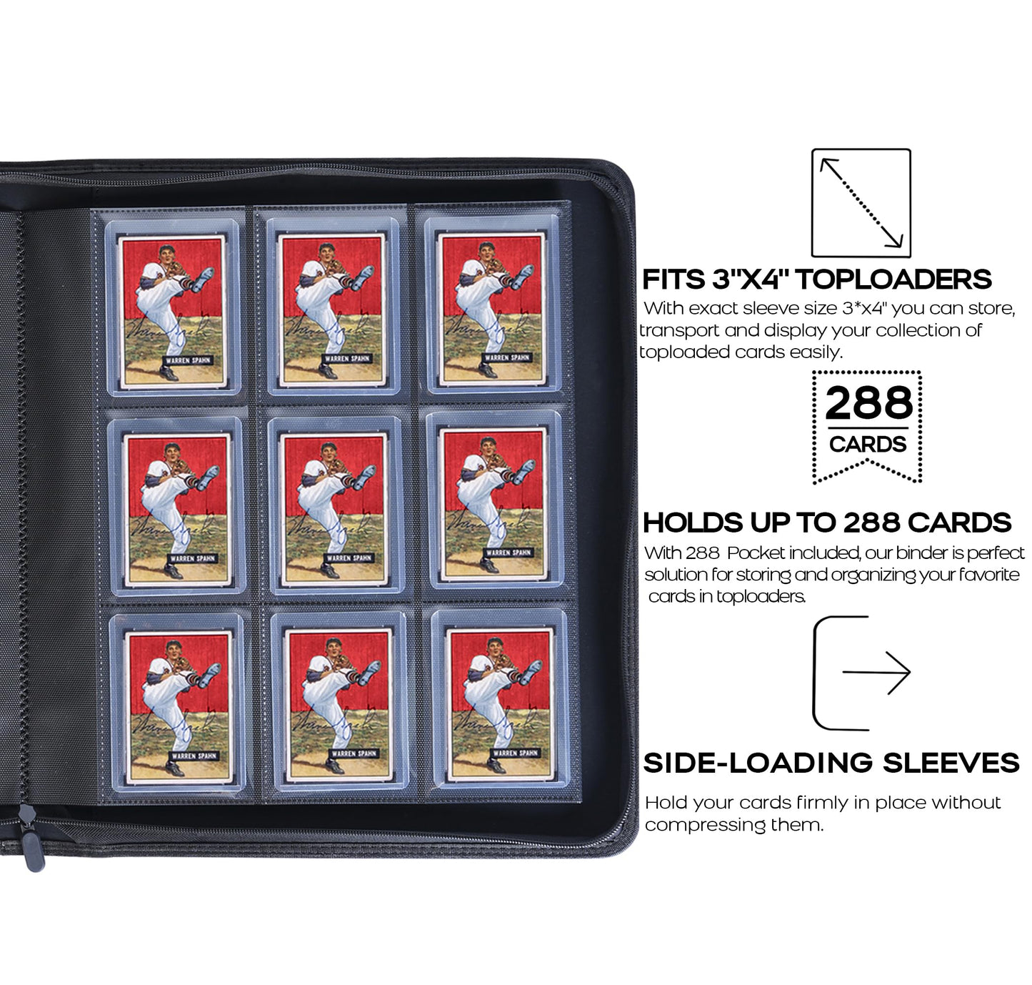 Top Loader Binder  Holds 288 Top Loaders - 9 Pocket Toploader Binder for 3 x 4 Rigid Card Holders for Trading Cards or Sports Cards  Model A - Classic White