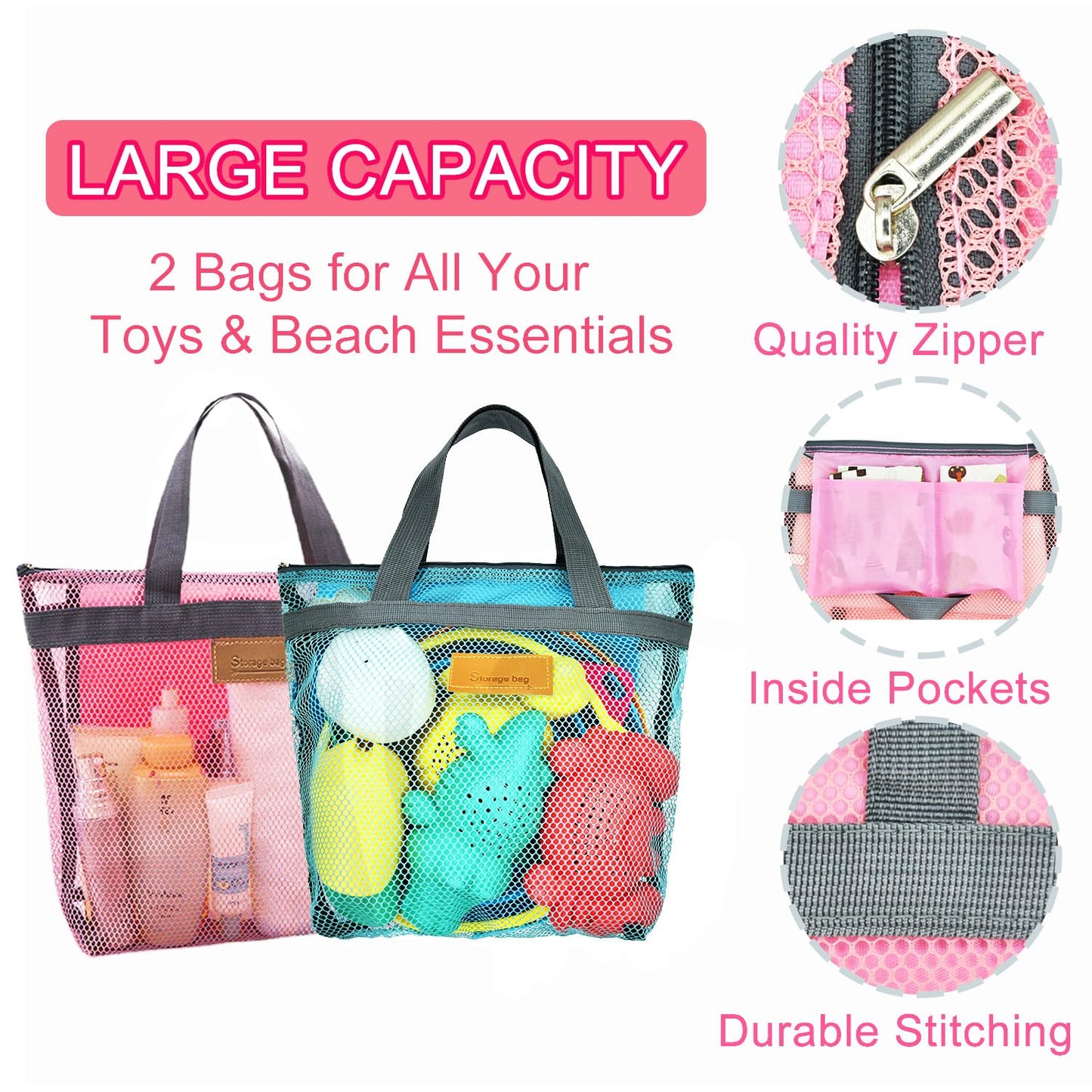 Aclarastra Collapsible Beach Sand Toys for Kids - Travel Beach Toys with 2 Collapsible Beach Buckets, Mesh Bags, Sand Molds, San