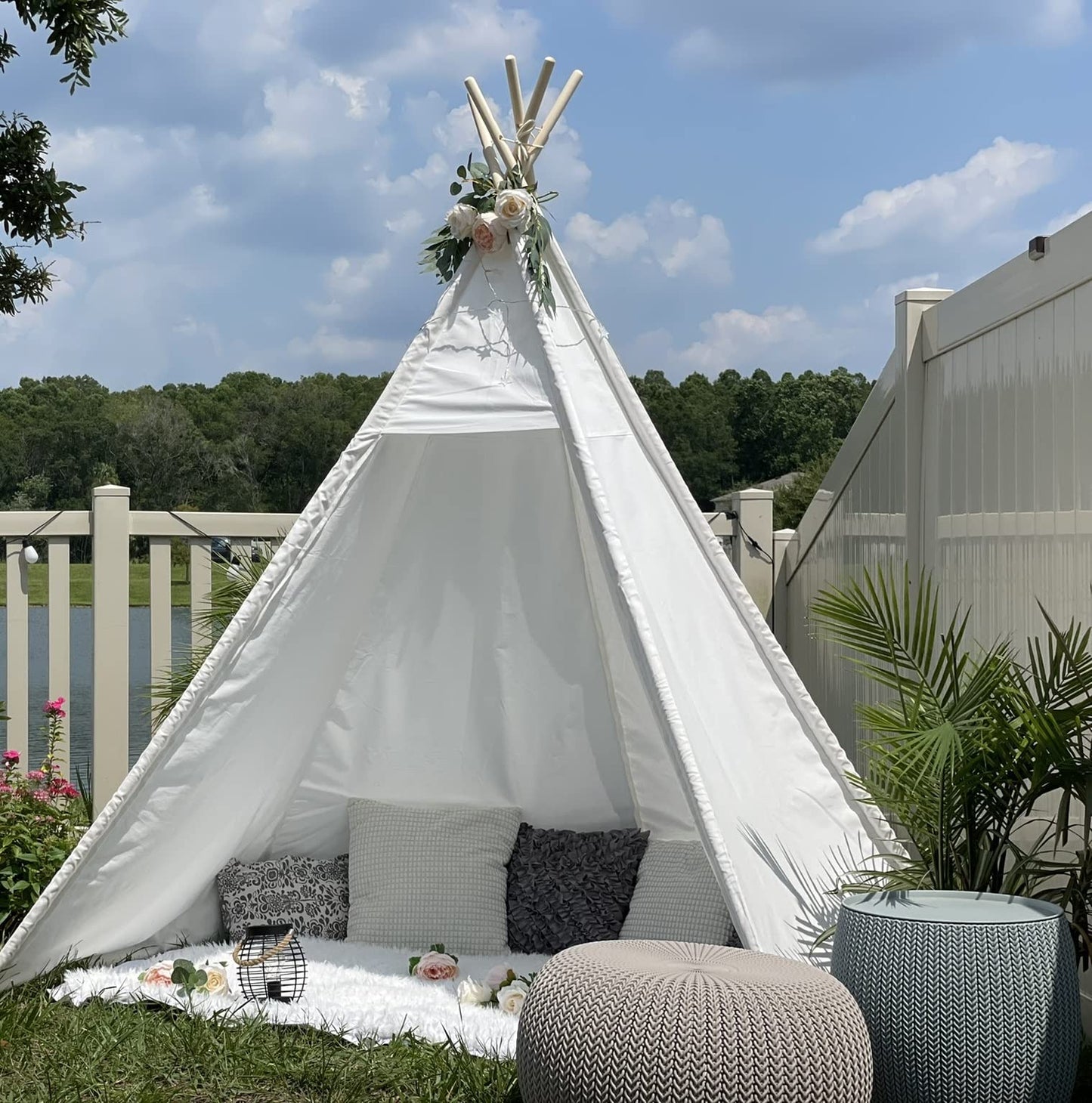 Betterhood 7' Large Teepee Tent For Adults, Play Tent With Carry Bag, 5 Sides Canvas Kids Teepee Tent Indoor & Outdoor Tents For Party, Wedding, Photo Prop, White