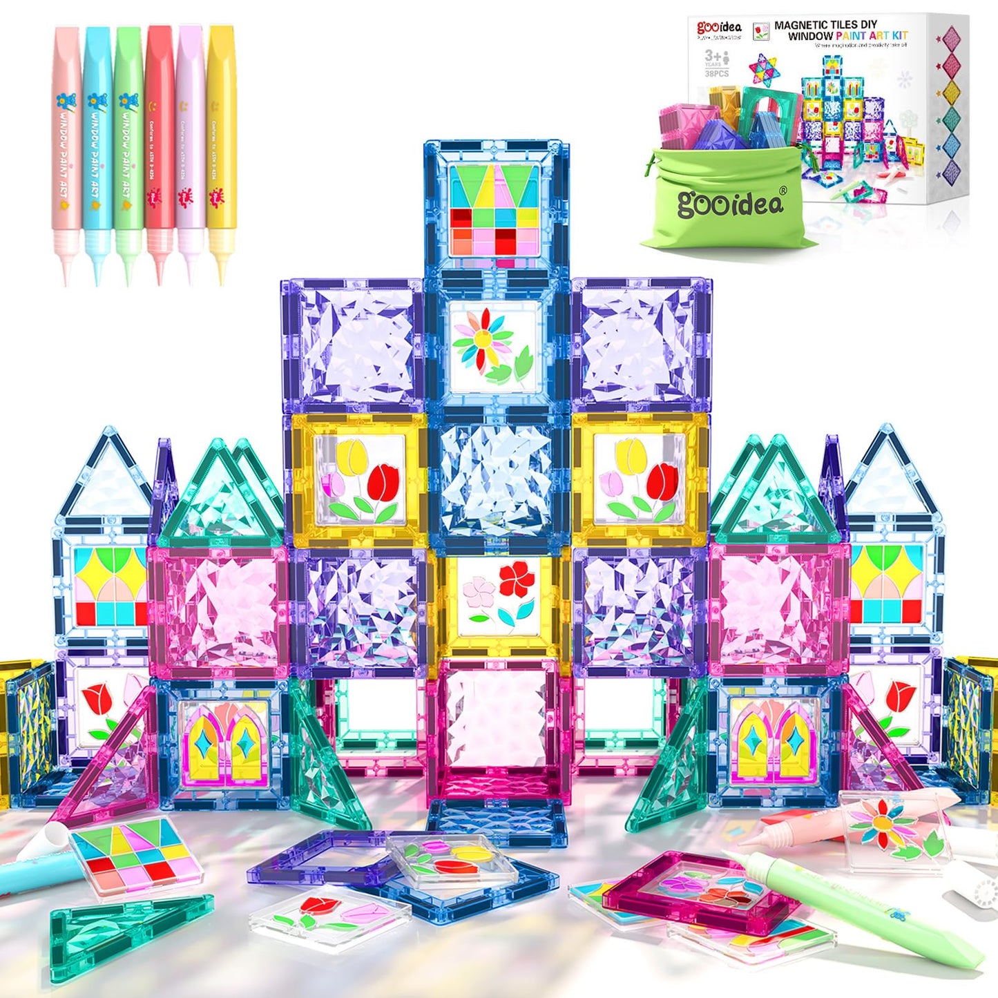 Magnetic Tiles Diy Window Arts And Craft Kit Kids Games Montessori Toys Toddler Kids, Magnet Building Blocks Set For Preschool Learning Classroom Stem Sensory Toys Gift For 3+ Year Old Boys And Girls