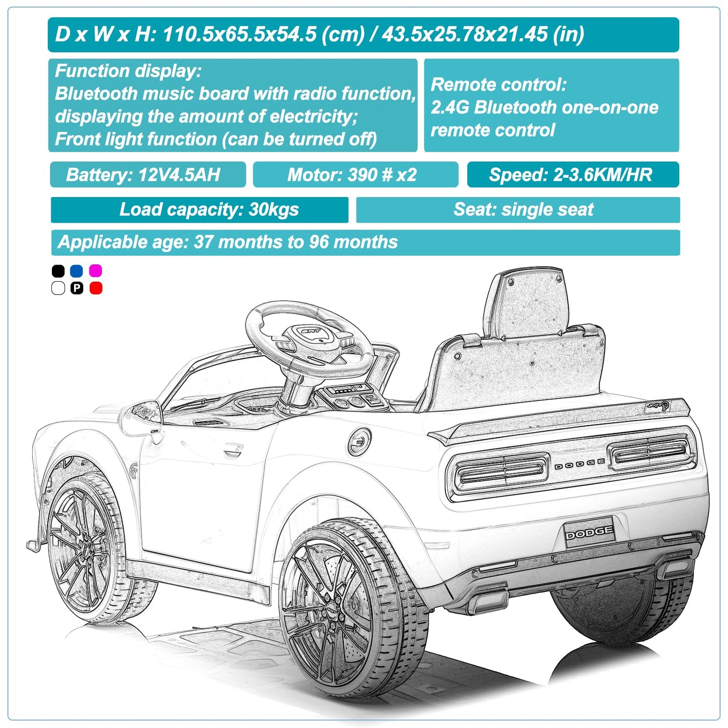 Hipicute Kids Electric Car | Licensed Dodge Challenger Ride-On 12V Battery-Powered Vehicle with Remote, LED Lights, Bluetooth, M