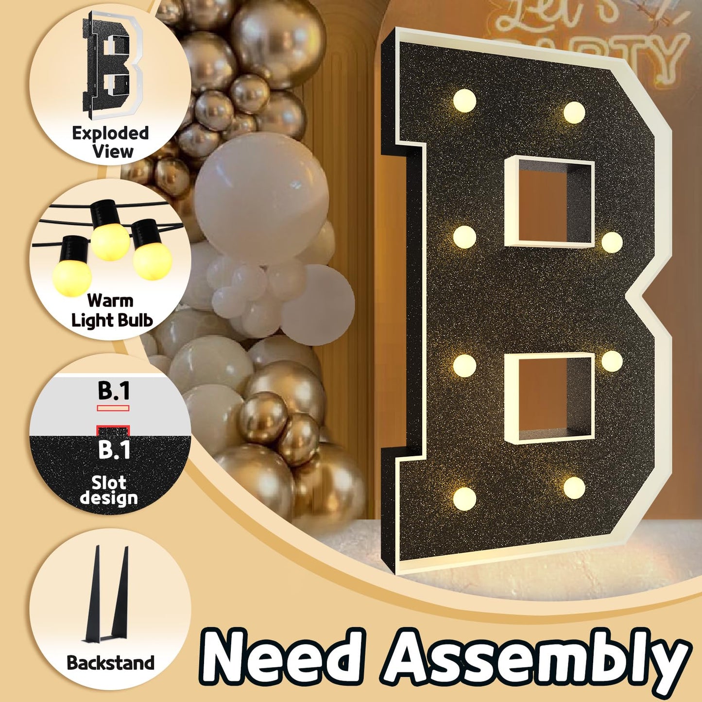 Imprsv Marquee Letters Black 3Ft: Black Party Decor - Light Up Letter B Large 3 Feet Tall - Party Decorations Letter For Baby Sh