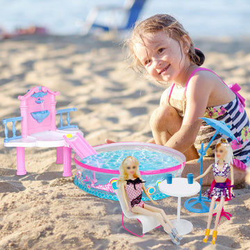 Glam Pool Playset, Deluxe Doll Pool With 7 Pcs Pool Accessories, Fits Dolls Up To 12 Inch, Kids Gifts For 3 To 8 Year Olds Girls, Bath Toys For Toddlers, Birthday Xmas Toy Gifts For Girls Kids Aged 3+
