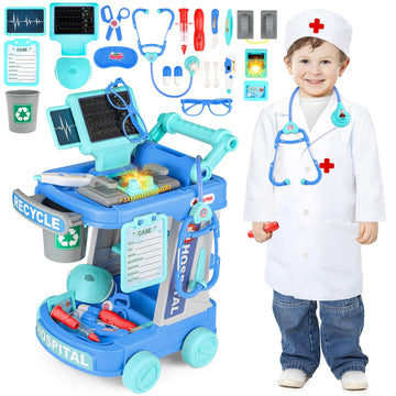 deAO Doctor Cart Kit for Kids Toy Pretend Playset with Doctor Costume Stethoscope and Medical Instruments Role Play Mobile Medic