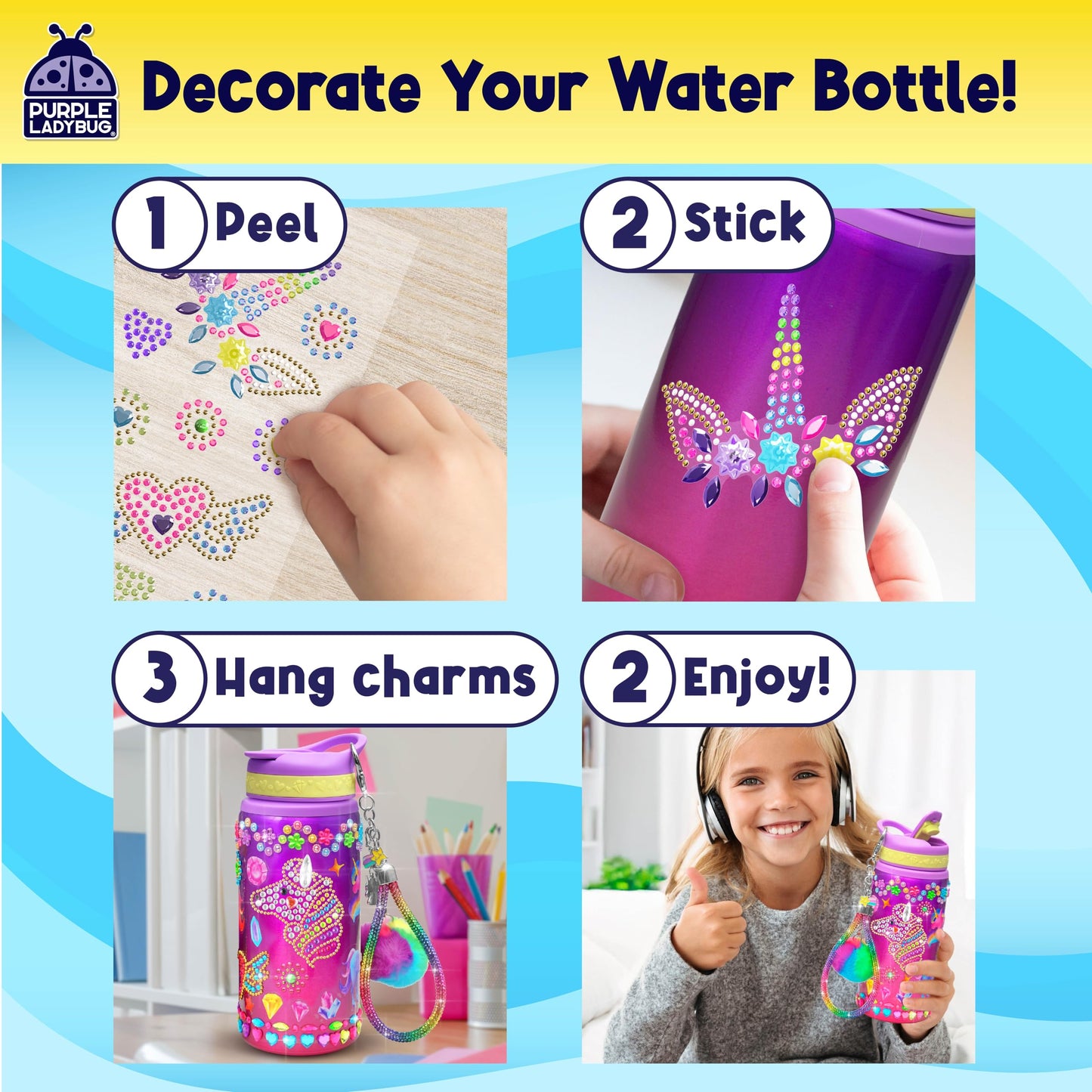 PURPLE LADYBUG Decorate Your Own Water Bottle Kit - Unicorn Color, Metal, Ages 5-10, Perfect for Easter Basket Gifts