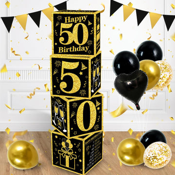 Toniful 4 Pcs 50Th Birthday Decorations Boxes For Men Women,Fifty Years Old Birthday Cardboard Box Party Supplies,Black And Gold