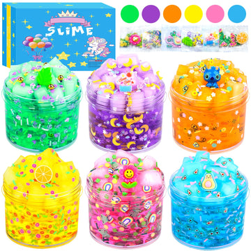 6 Pack Jelly Cube Crunchy Slime Kit, With Yellow, Pink, Purple, Green & Blue Clear Crunchy Slime, Super Soft Sludge Toy With Cut