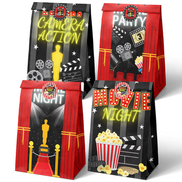 Hapibidesign Movie Night Party Favor Bags - 24 Pcs Movie Night Party Candy Bags With Stickers - Movie Night Goodie Gift Treat Ba