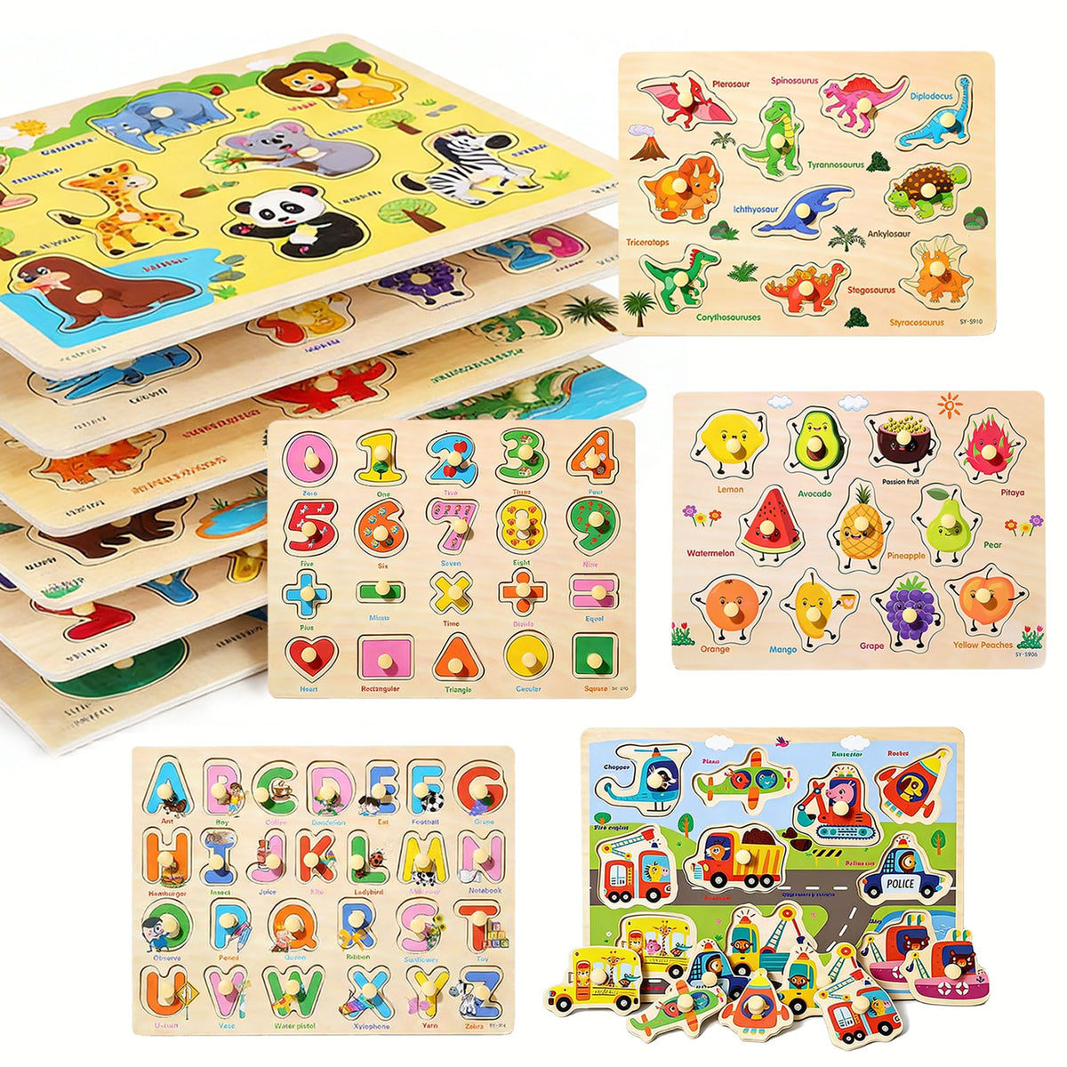 Wooden Peg Puzzles for Toddlers 13  6 Pack Toddler Puzzles, Preschool Educational Learning Puzzle Toys for Kids, Alphabet, Num