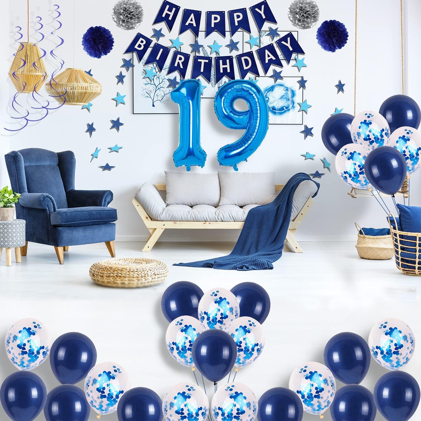 Naninuneno 19Th Blue Birthday Party Decorations For Boy Girl Men Women, Happy 19 Birthday Balloons Supplies With Happy Birthday
