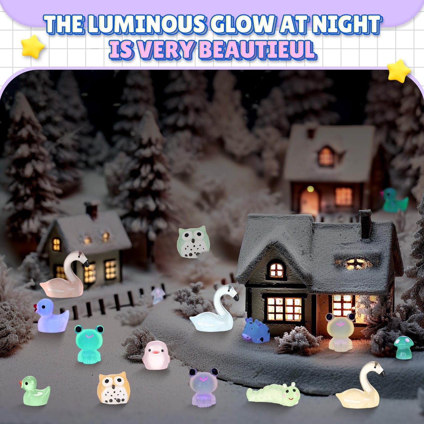 Seenelling 240 Pcs Mini Resin Animals Miniature Luminous Animals Ducks Mushrooms Owls Flamingos Tiny Glow in The Dark Figures fo