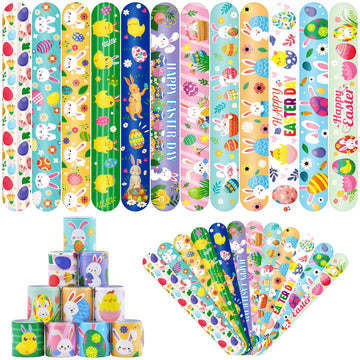 48 Pieces Easter Slap Bracelets Bulk Party Favors for Kids - 12 Designs Spring and Easter Themed Snap Bands, Classroom Exchanges