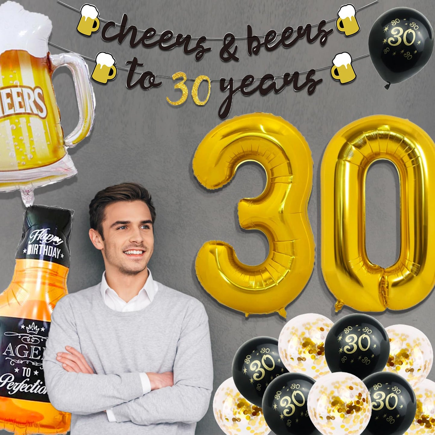 30Th Birthday Decorations For Him, 30 Birthday Decorations With 40 Inch Gold 30 Number Balloons, Cheers To 30 Years Banner,Fring