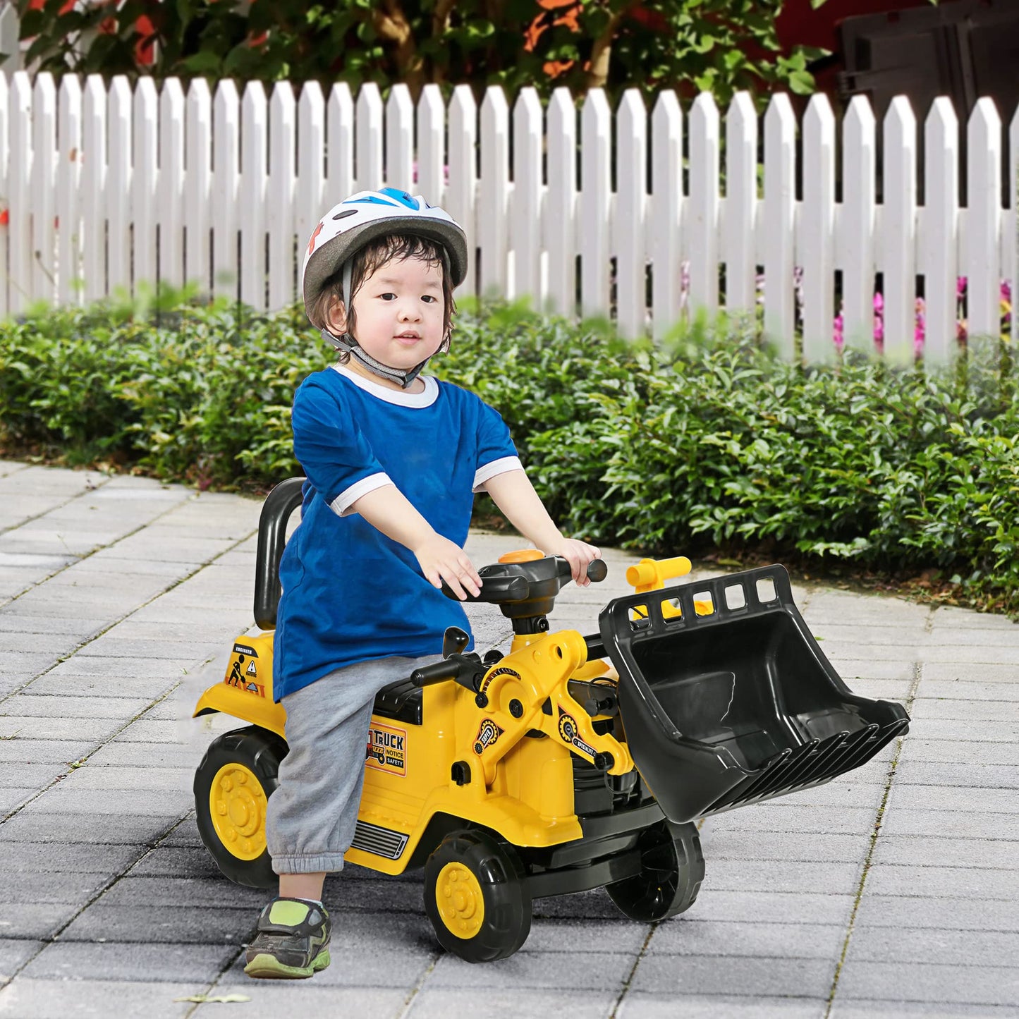 Homcom Ride On Excavator Pull Cart, Kids Bulldozer Ride On Truck With Horn, Under Seat Storage, Sit And Scoot Pretend Play Toy Construction Car For Ages 18-48 Months