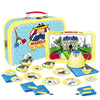 YOTTOY 23-Piece Madeline Tin Tea Set Toy, Plush Carry Case, Blue, Model 560