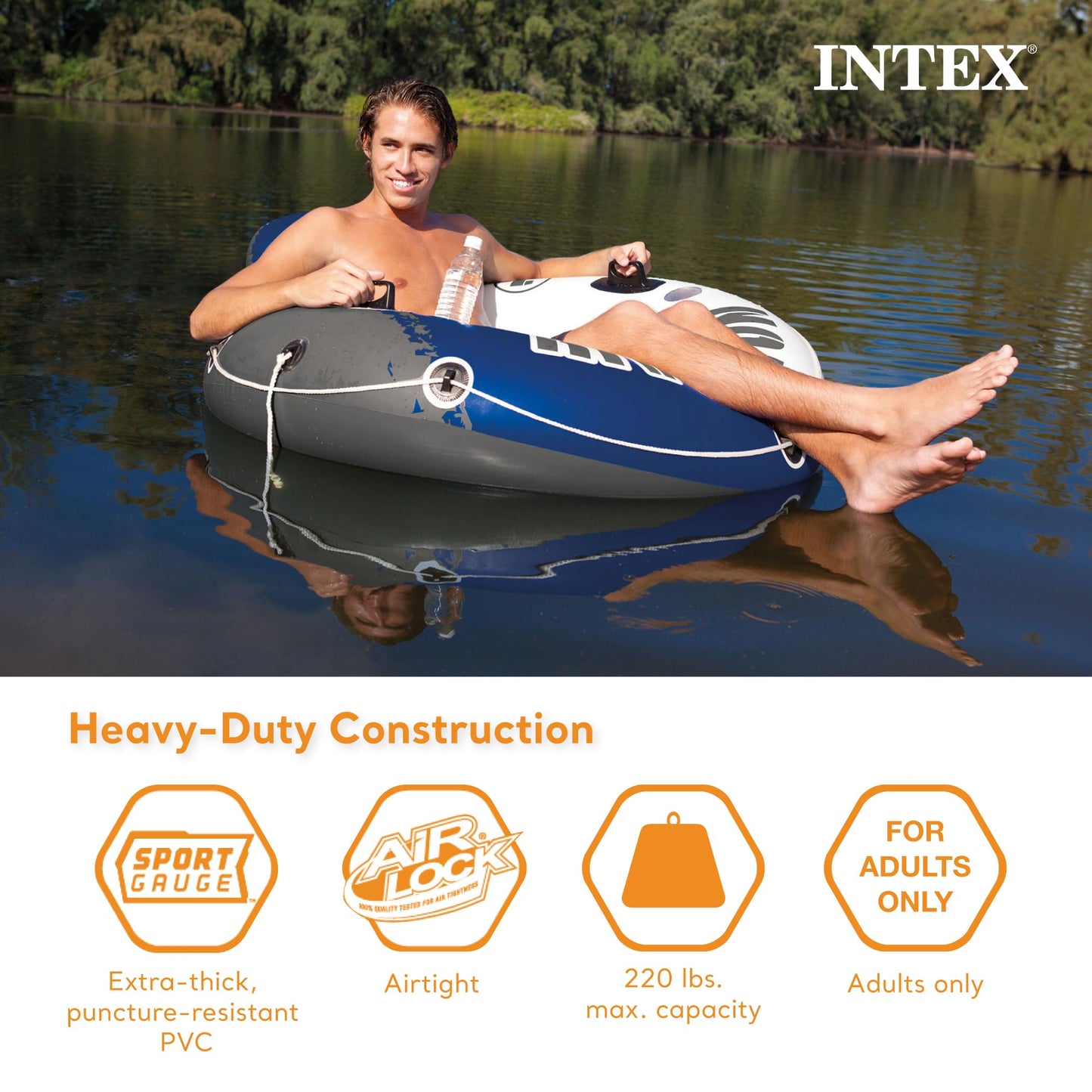 Intex River Run 1-Person Inflatable Floating Water Lounge Tube Raft with Backrest  Cup Holders  and Mesh Bottom for Lake  Pool  River & Ocean  2 Pack