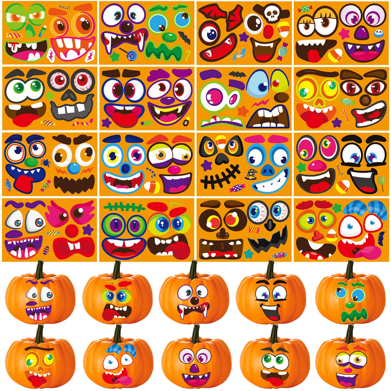 DECYOOL 96 Pieces Halloween Pumpkin Decorating Stickers Mini Pumpkin Face Stickers Make Your Own Small Pumpkin Jack-O-Lantern St