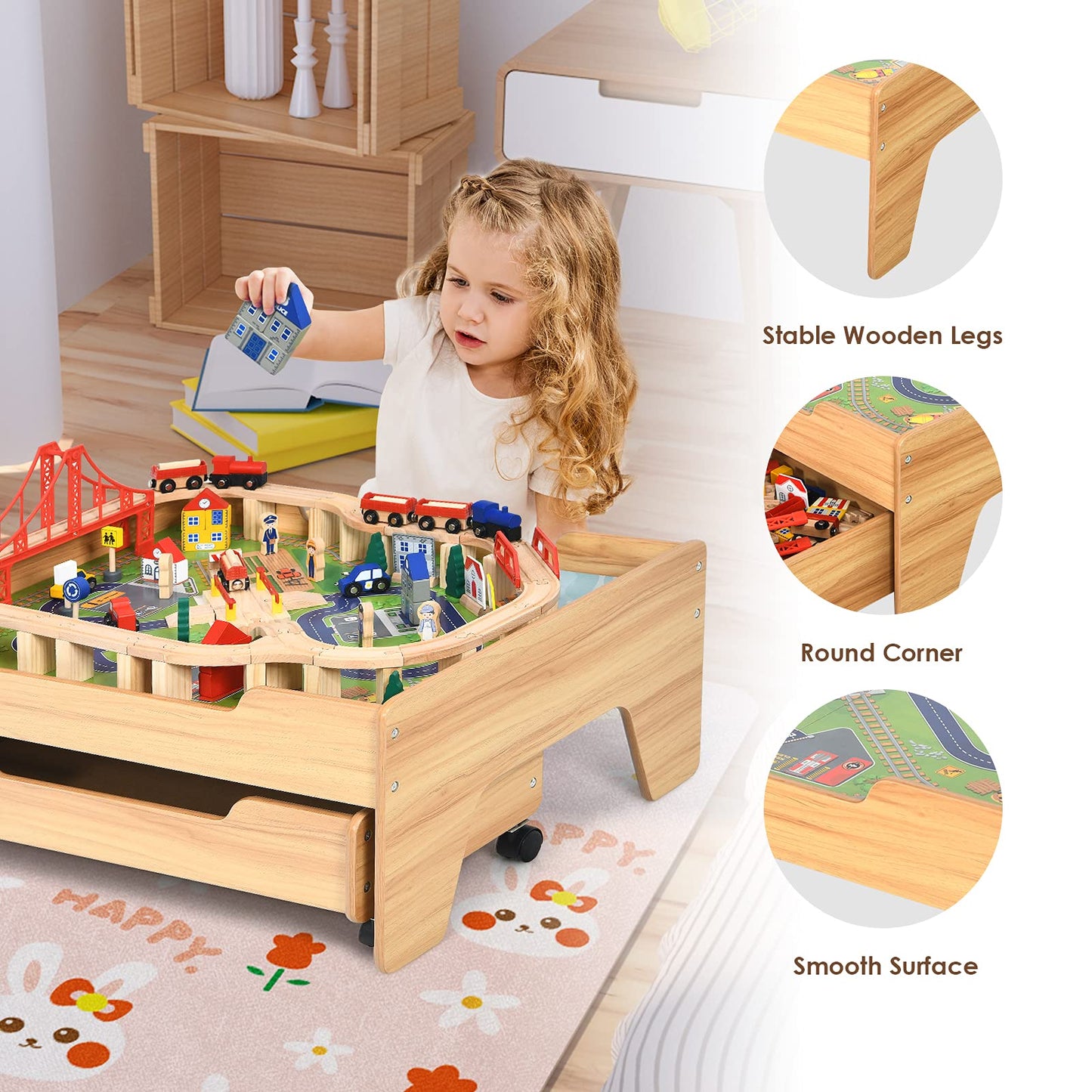 Honey Joy Train Table, Wooden Kids Activity Table With Storage Drawer, 100 Multicolor Pieces, Tracks, Trains, Cars, Toddler Trai