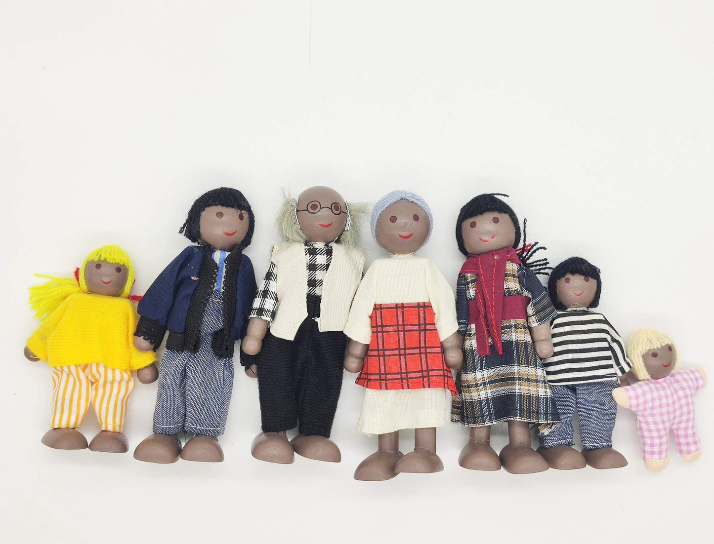HYSTYLE 7 Pack Wooden Doll House Family Dollhouse Dolls Family Pretend Play Figures  Family Role Play Pretend Play Mini People Figures (African American)