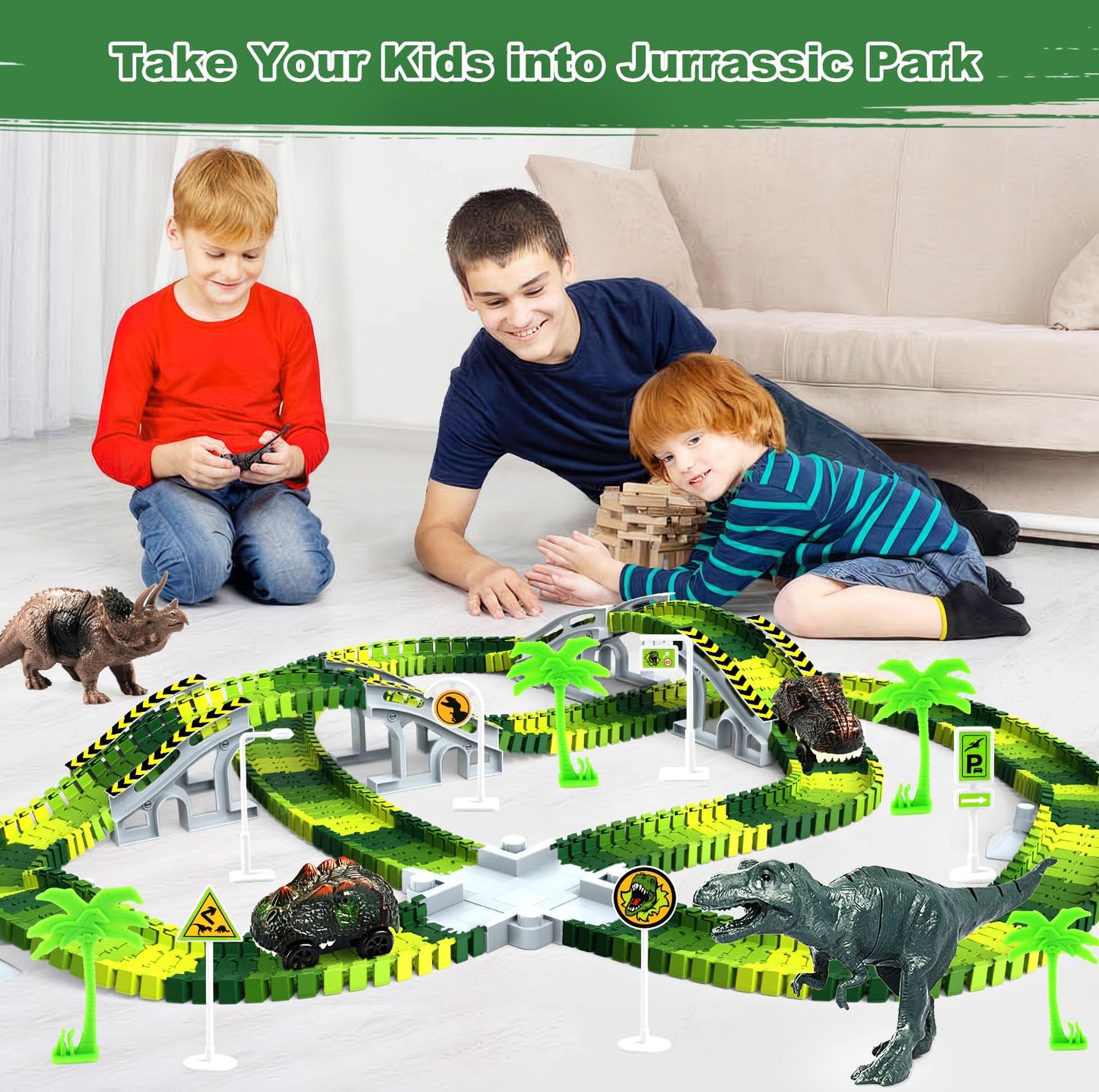 Dinosaur Toys, Create A Dinosaur World Road Race Tracks Glow in The Dark Flexible Train Track Playset, 2pcs Dinosaur Car for 3 4