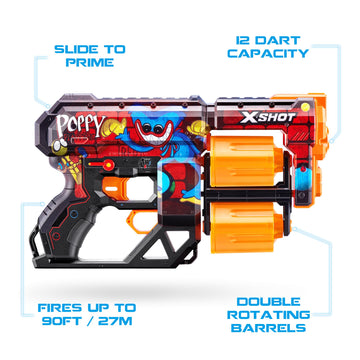 X-Shot Skins Dread Blaster - Poppy Playtime (Toony) By Zuru With 12 Darts, Rotating Double Barrel, Air Pocket Dart Technology, Toy Foam Blaster For Kids, Teens And Adults