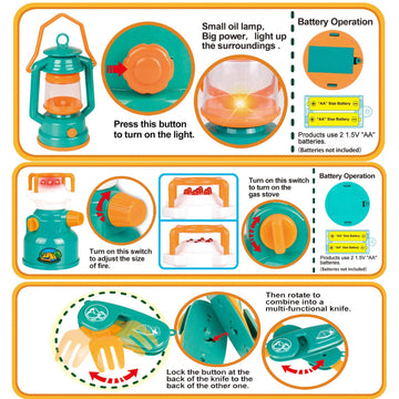 Kids Camping Set with Pop Up Tent - Little Explorers Playhouse Toddler Toys for Boys with Camp Gear for Children Indoor Outdoor