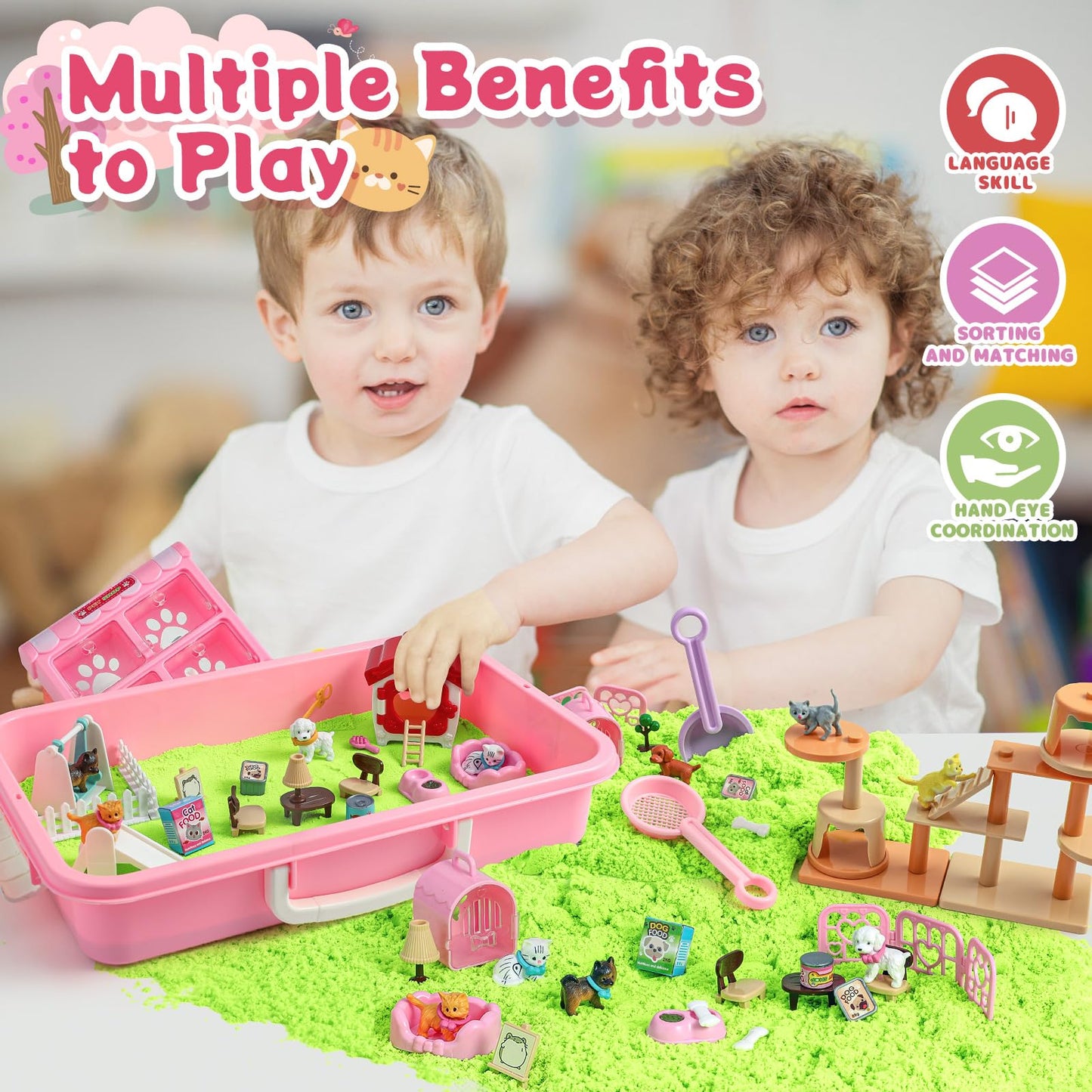 KNASON Cat and Dog Sensory Bin,Play Sand Kit for Girls and Boys with 2.2lbs Sensory Sand and Sand Box,Pet Sandbox Toys Role Pret