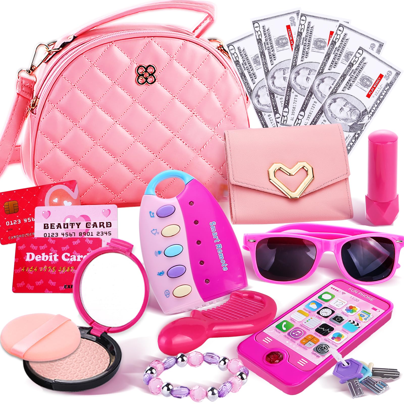 Graceduck Little Girls Purse with Play Makeup Kit, Kids Pretend Play Handbag Wallet Sunglasses Keys Credit Card with Pink Cosmet