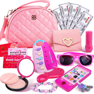Graceduck Little Girls Purse with Play Makeup Kit, Kids Pretend Play Handbag Wallet Sunglasses Keys Credit Card with Pink Cosmet