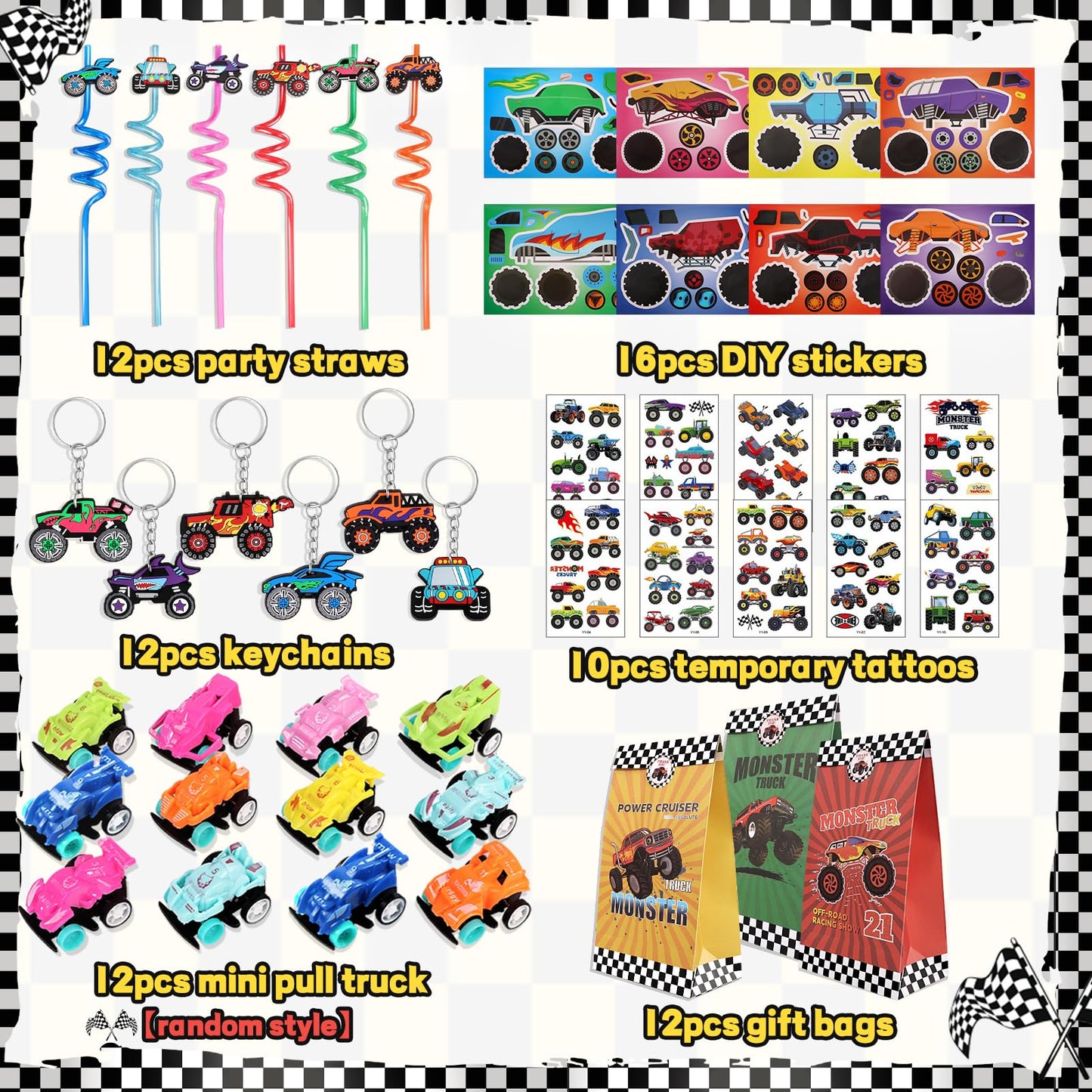 Monster Truck Party Favors Serve 12 Including Drinking Straws, Mini Pull Cars, Keychains, Gift Bags, Diy Stickers, Temporary Tat