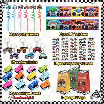 Monster Truck Party Favors Serve 12 Including Drinking Straws, Mini Pull Cars, Keychains, Gift Bags, Diy Stickers, Temporary Tat