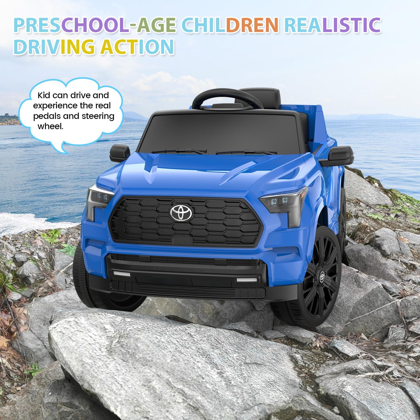Hetoy Ride On Truck Car 12V Battery Powered Kids Electric Vehicles, Licensed Toyota Kid Cars, Ride On Toys With Remote Control, Spring Suspension, Led Lights, Music, 3 Speeds