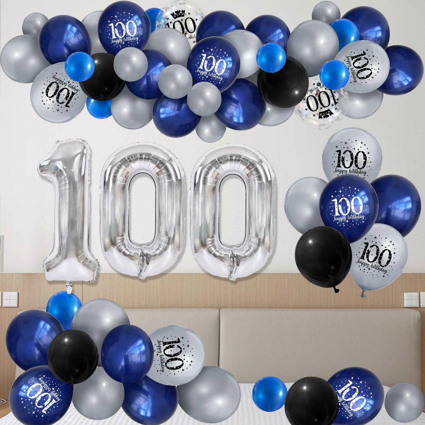 UniBirthLon 18Pcs Happy Birthday Balloons Set, Navy Blue & Silver, Confetti Latex for 100th Birthday Party Decorations