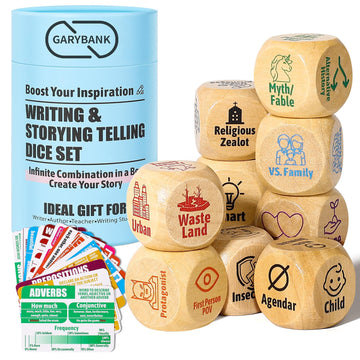Garybank Creative Writing Prompts Dice Set - Writers Gifts, W/13 Writing Skill Cards - Story Writing/Telling Game For Kids & Adults - Set Of 9 Story Cubes For Inspiration - Gifts For Teacher Christmas