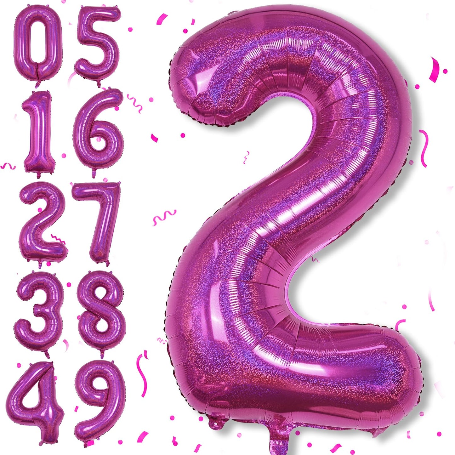 Number 2 Balloons, 40 Inch 2Nd Birthday Foil Balloon Laser Hot Pink Decor, Big Self Inflating Helium Dark Pink Two Balloon Numbe
