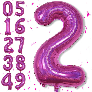 Number 2 Balloons, 40 Inch 2Nd Birthday Foil Balloon Laser Hot Pink Decor, Big Self Inflating Helium Dark Pink Two Balloon Numbe